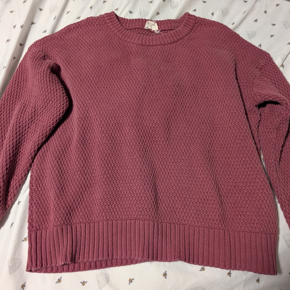 Pact Pink Crew Neck Sweater with Ribbed Texture